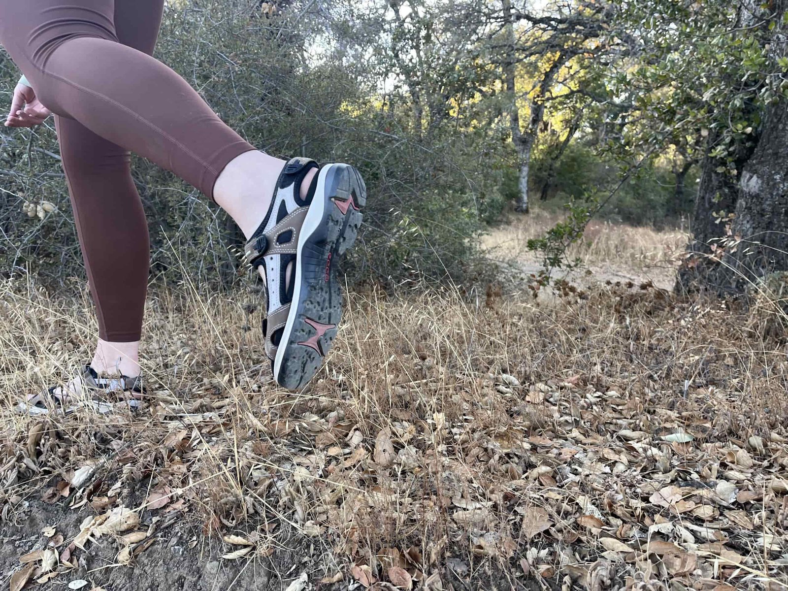 Our tester wearing the Ecco Yucatan sandals on a hike.