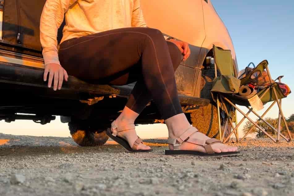 Our tester getting ready for a hike in the Teva Original Universals.