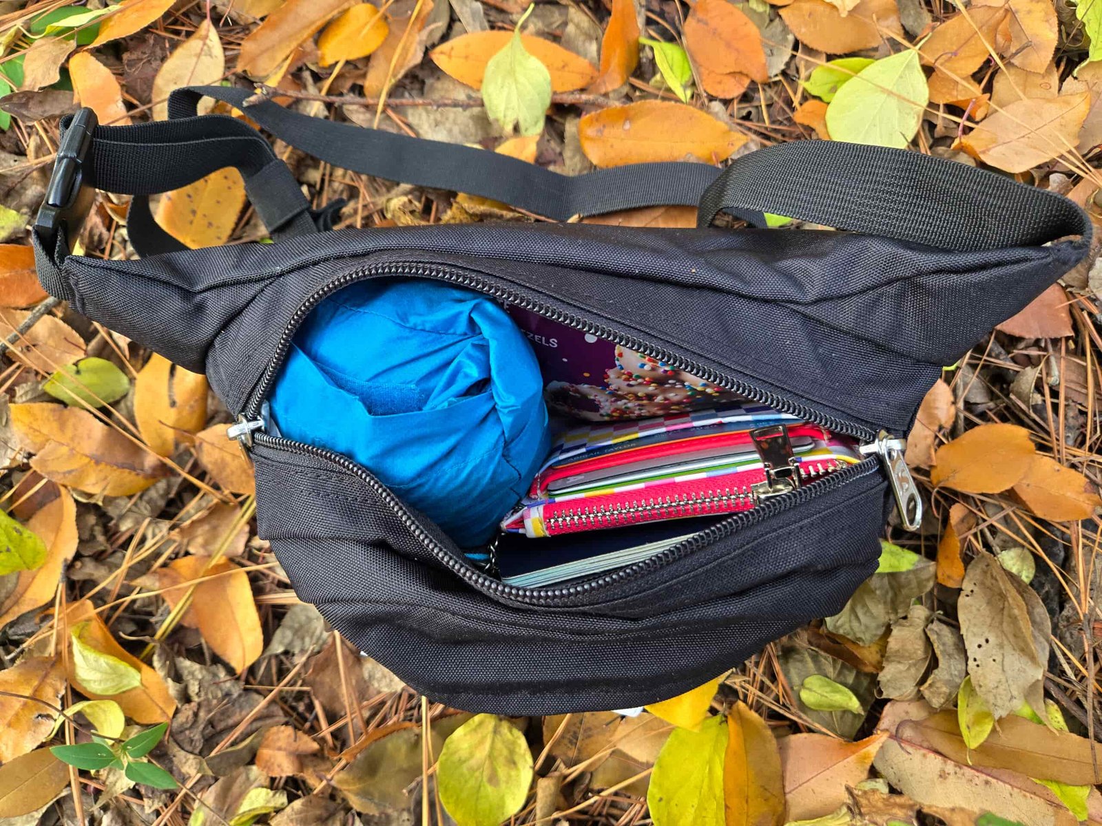 jansport fanny pack opened with things inside on a leafy ground