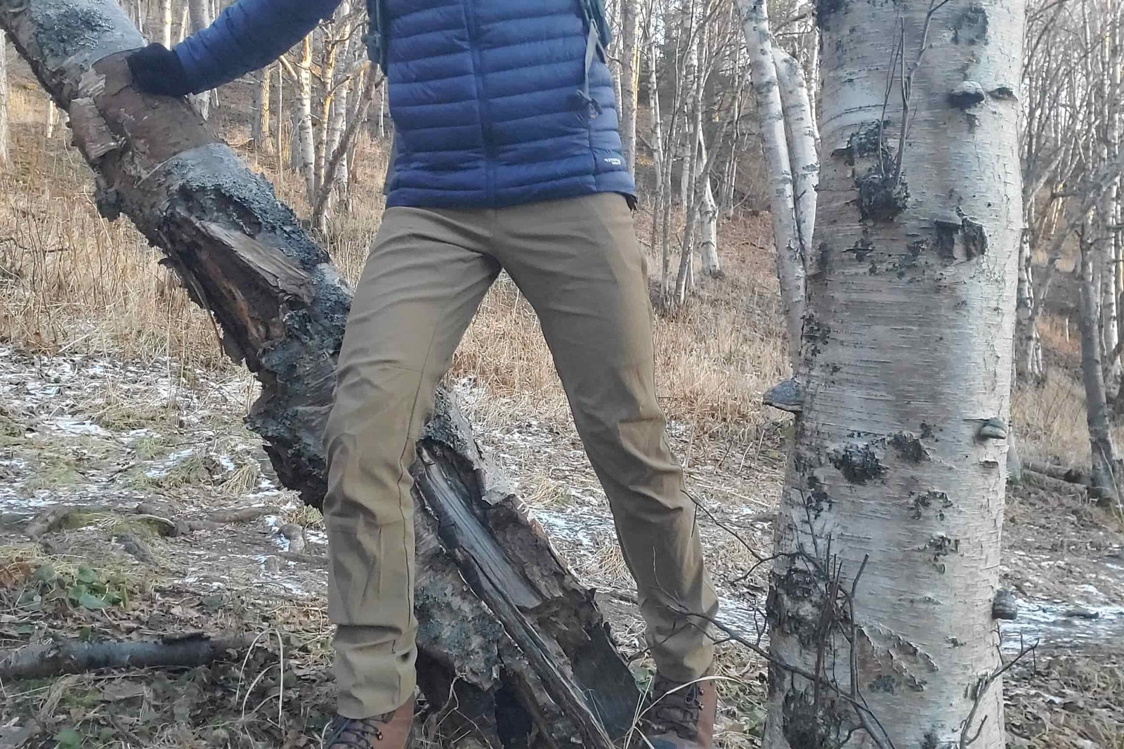 A closeup of pants worn while hiking off trail.