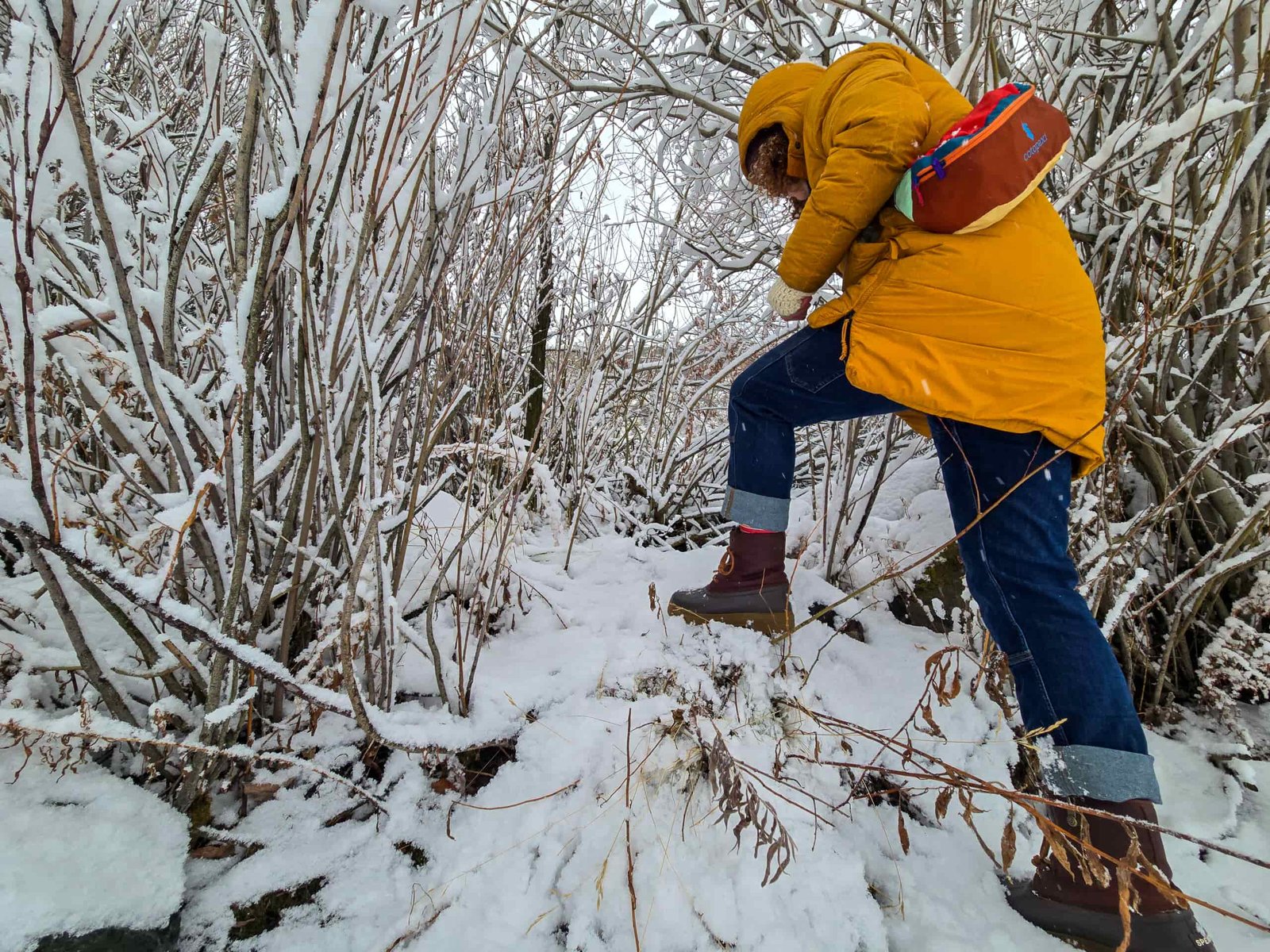 a woman walking through snow covered bushes wearing a fanny pack