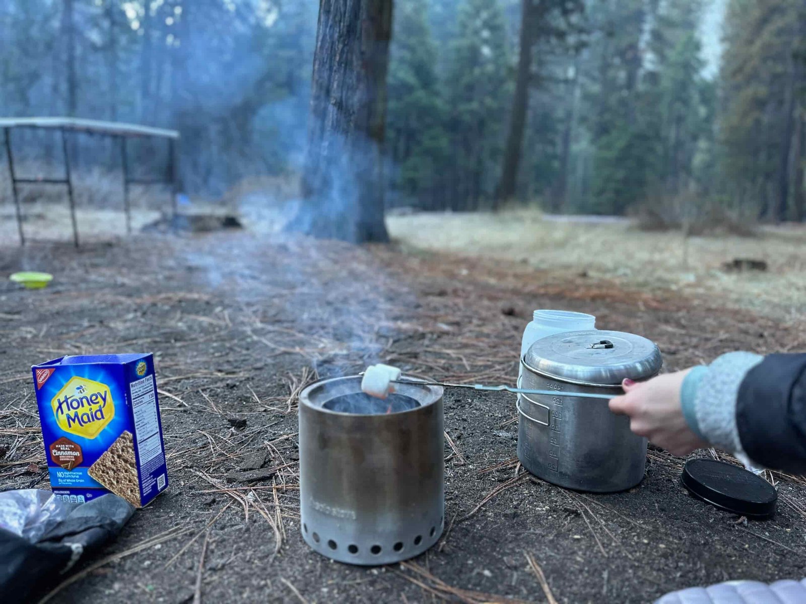 roasting a marshmallow over the Solo Stove Campfire