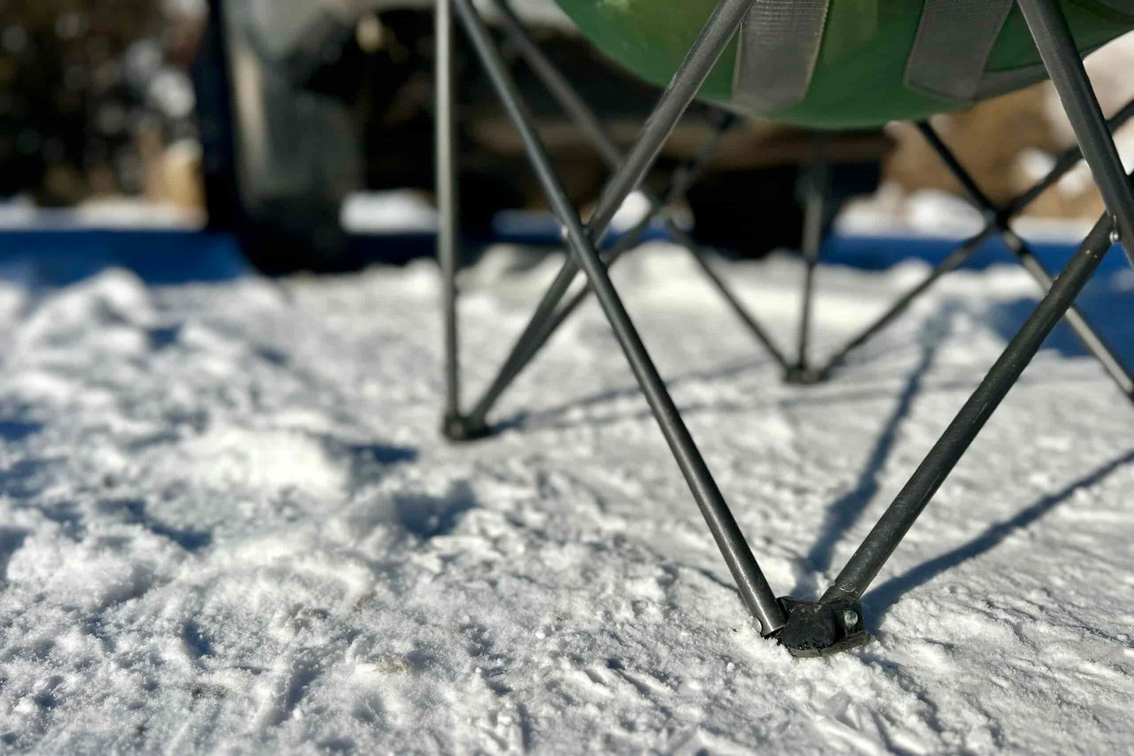 Close up of a camp chair frame.