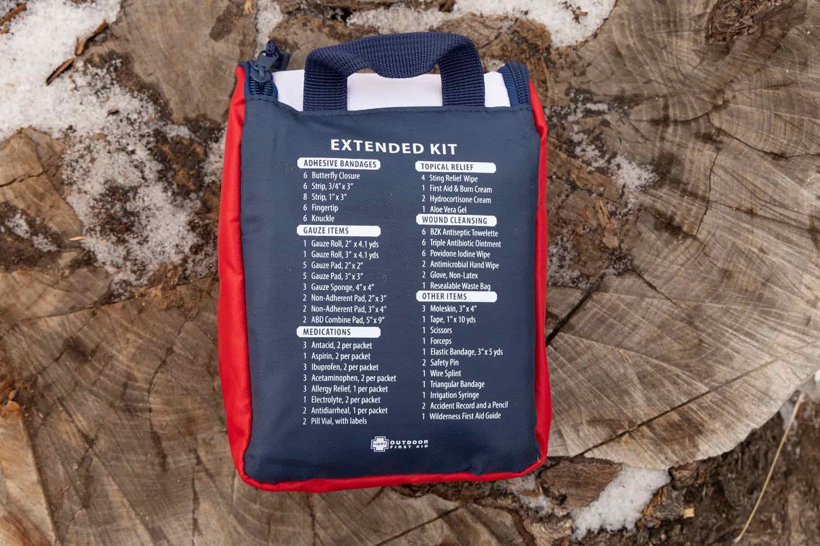 The HART Weekend kit is moderately sized, but contains plenty of first aid supplies. Its contents are listed on the back.