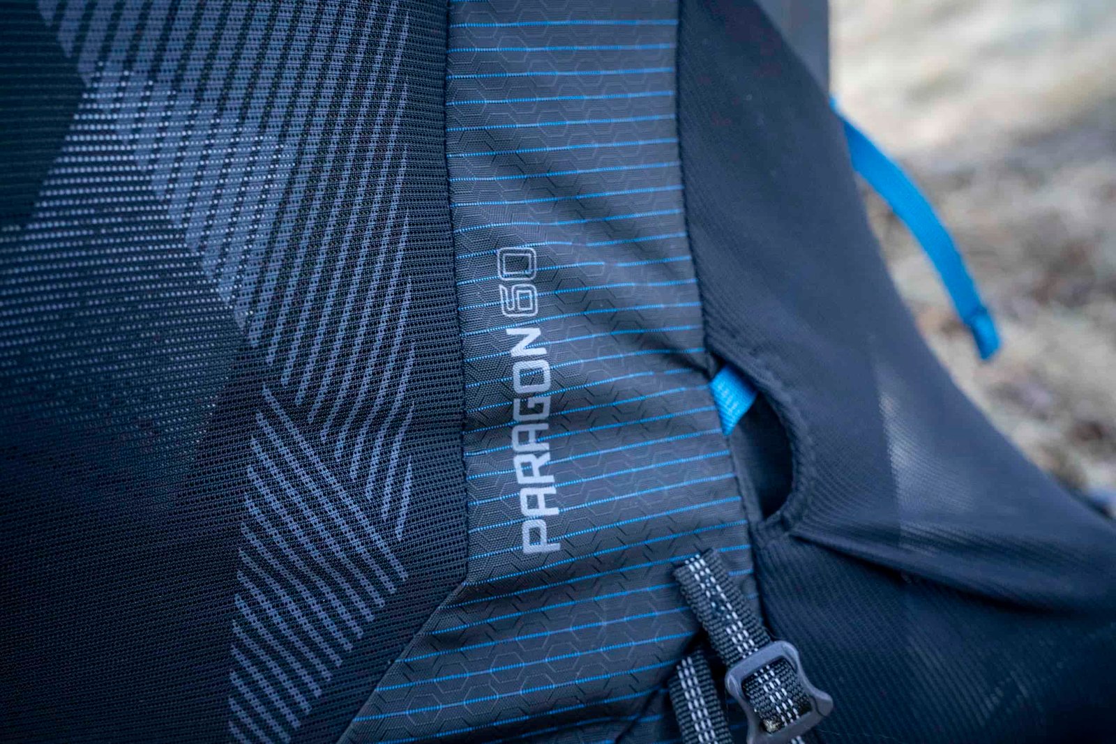 detailed view of name of backpack on fabric
