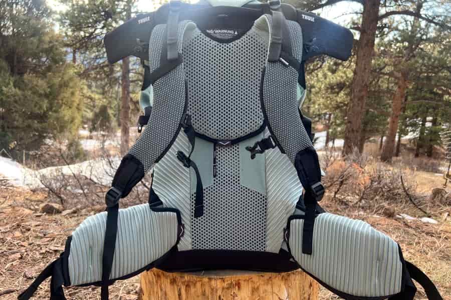Front-facing view of the Thule Sapling child carrier highlighting the ventilated back panel and padded hip belt design.