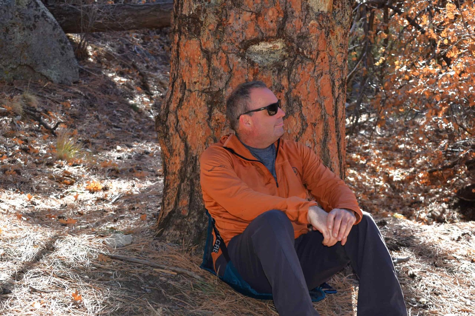 hiker leans against a tree while sitting in the Hex 2.0 chair