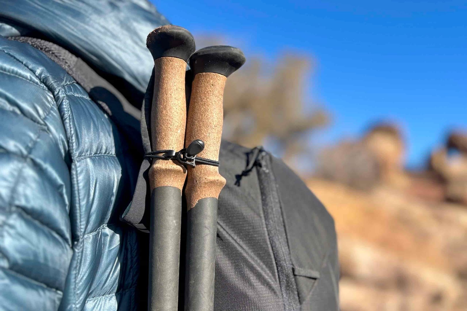 Close-up image of the top of a pair of hiking poles attached to a daypack.