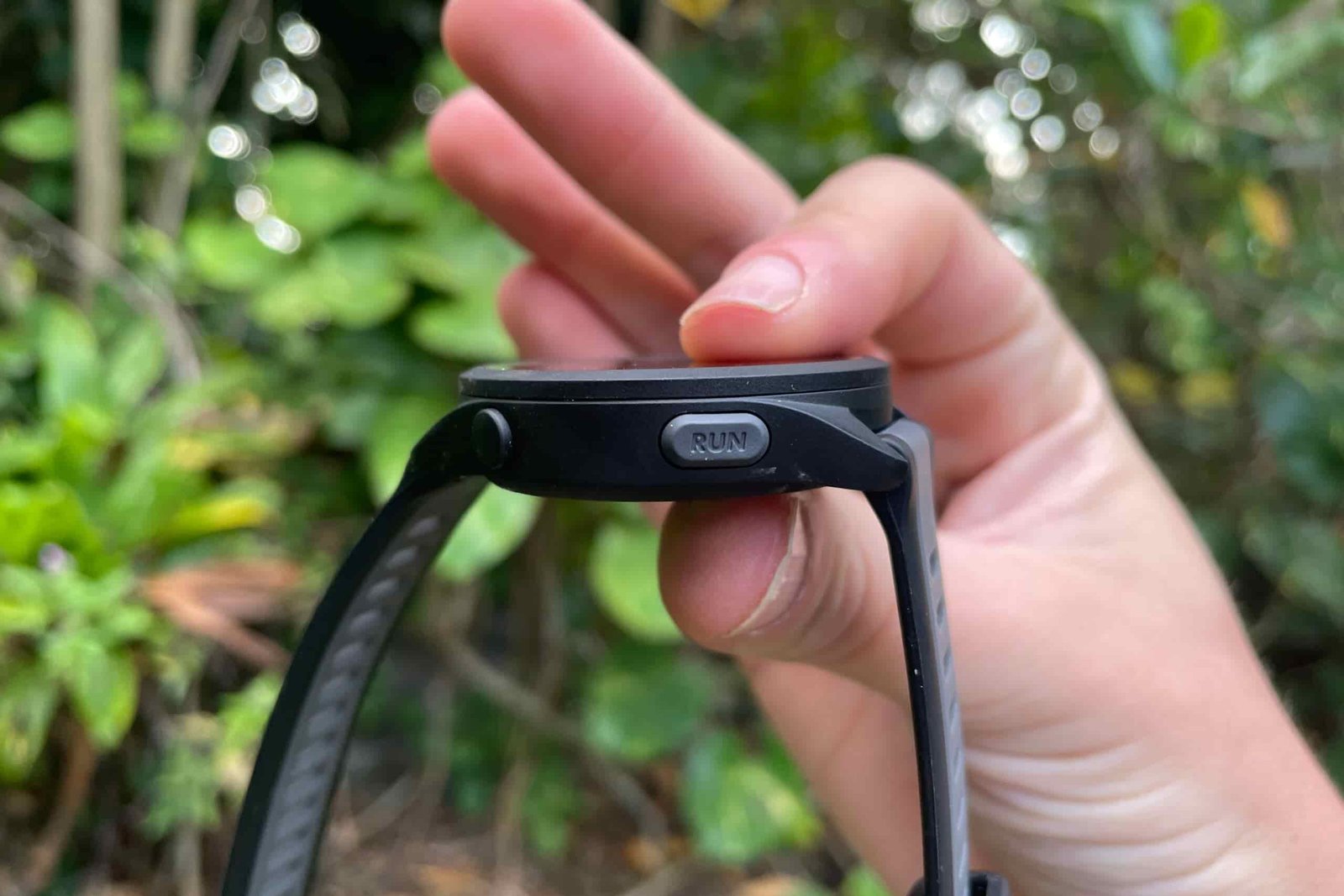 A closeup of the thickness of a GPS watch.