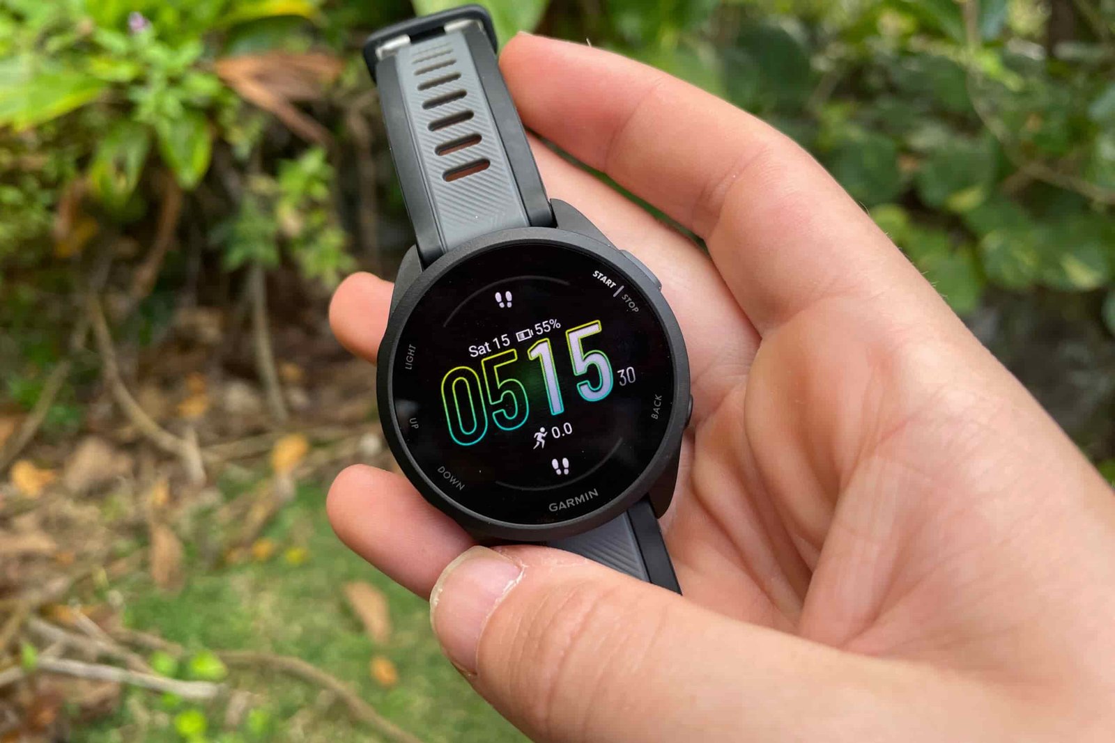 A watch being held in front of a forest background.
