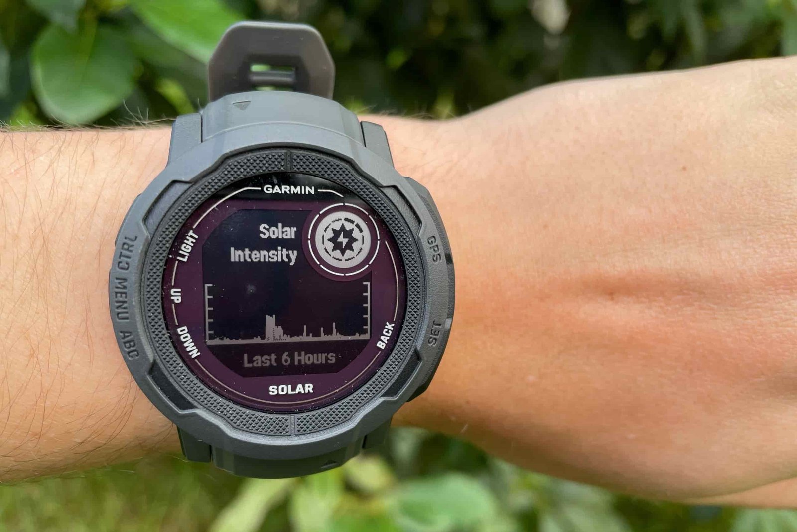 A watch face showing solar exposure.
