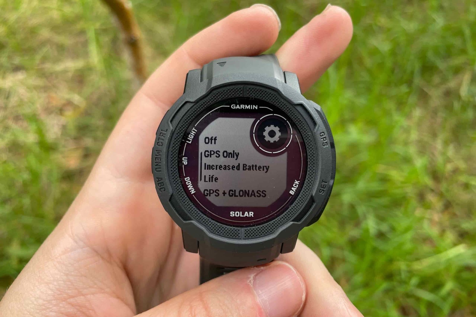 A closeup of the watch face showing GPS settings.