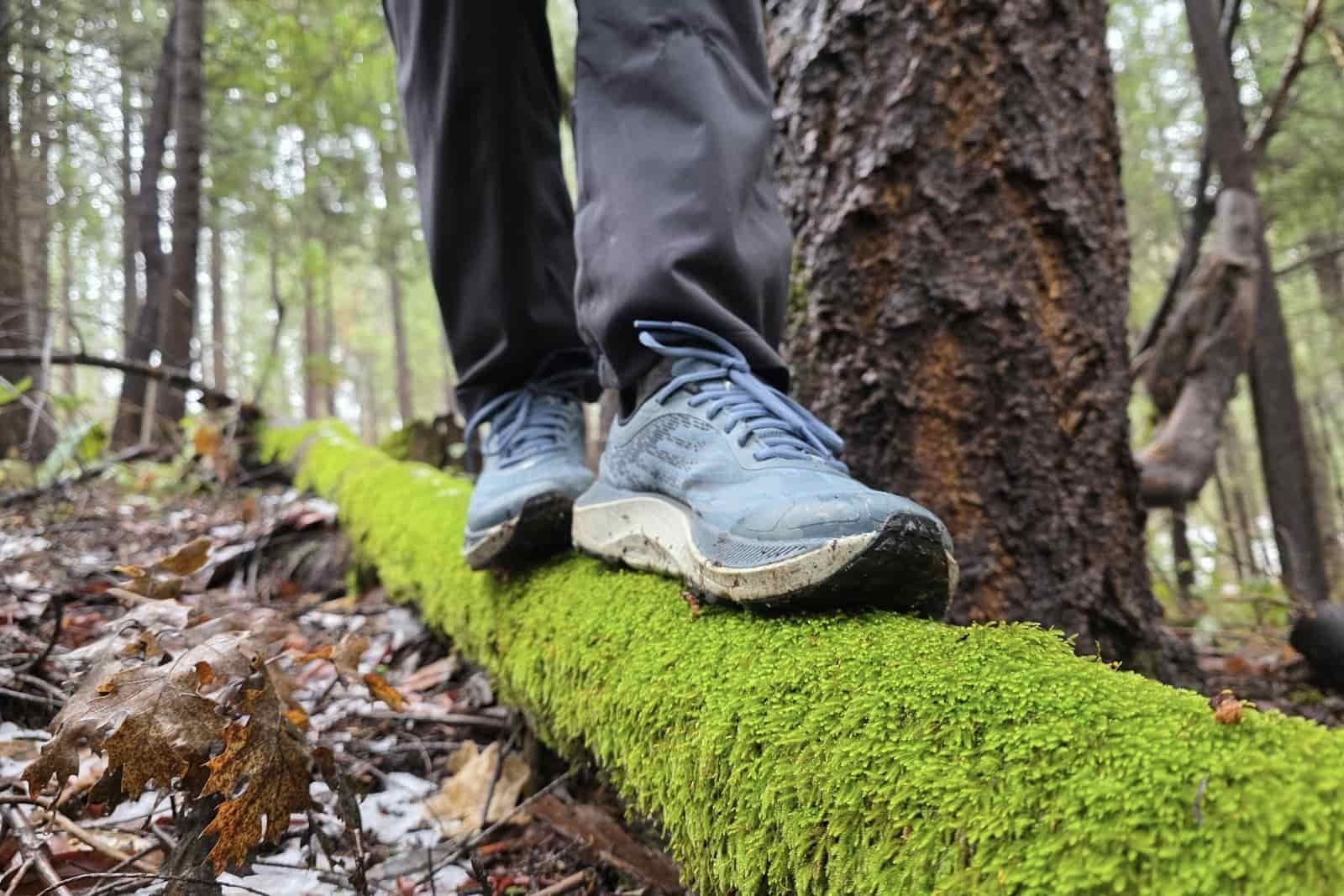 Walking in the Topo Ultraventure 4 across a mossy log.