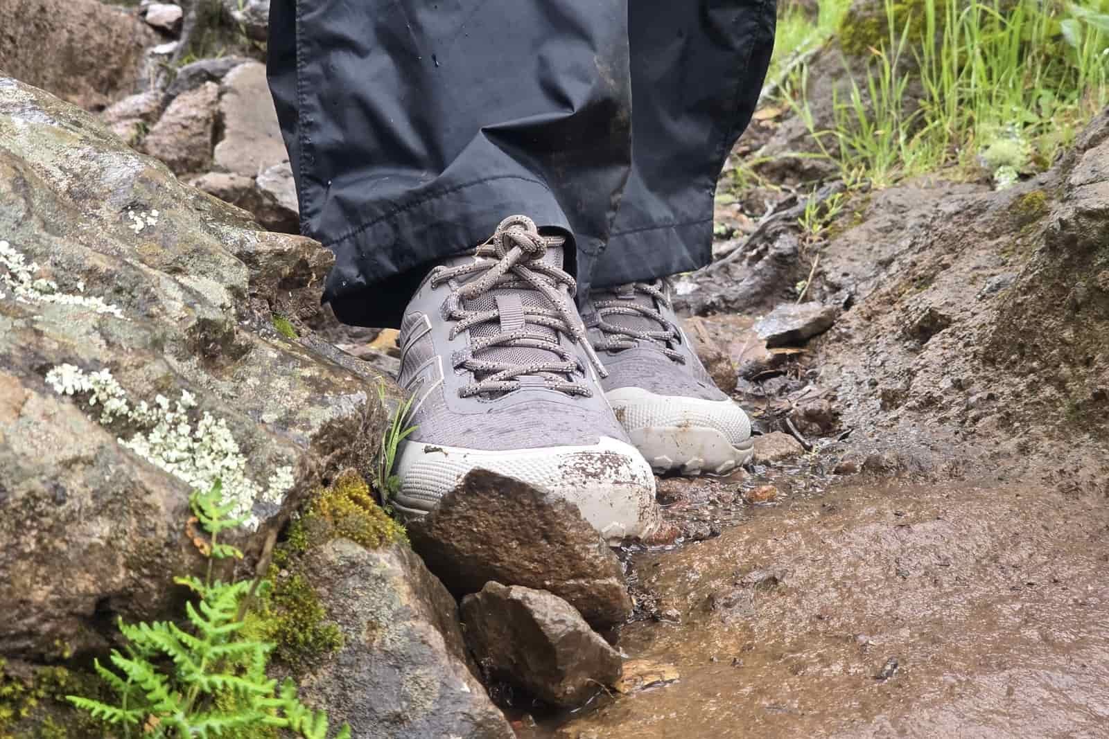 Close up of the Xero Shoes while hiking on rocky terrain.