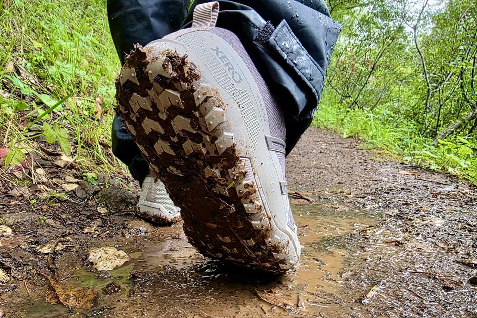 Close up showing the tread on the bottom of the Xero Shoes