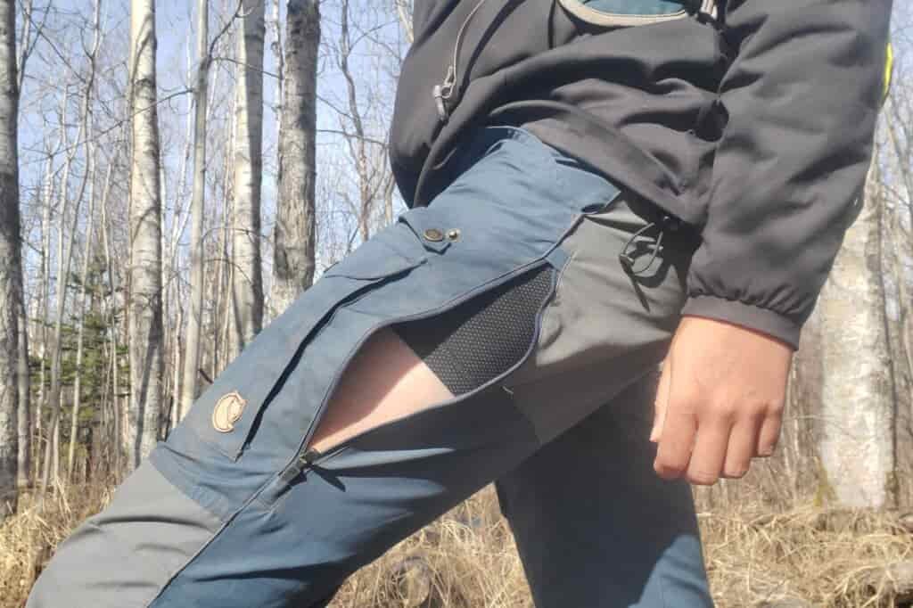 A closeup of the vents on a pair of hiking pants.