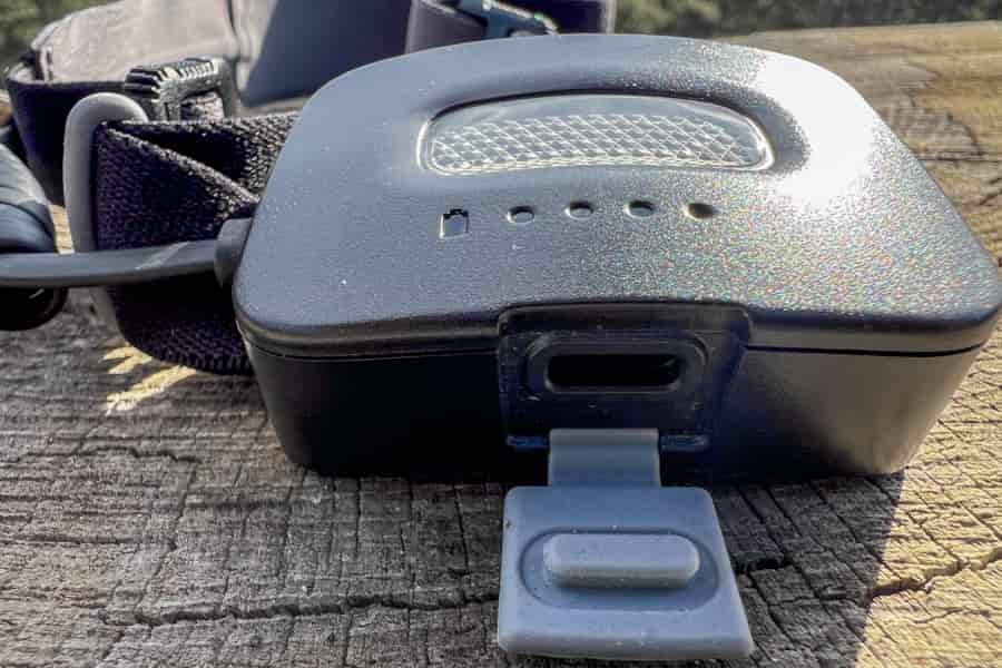 The USB-C charging port on the rear light of the BioLite Dash 450.