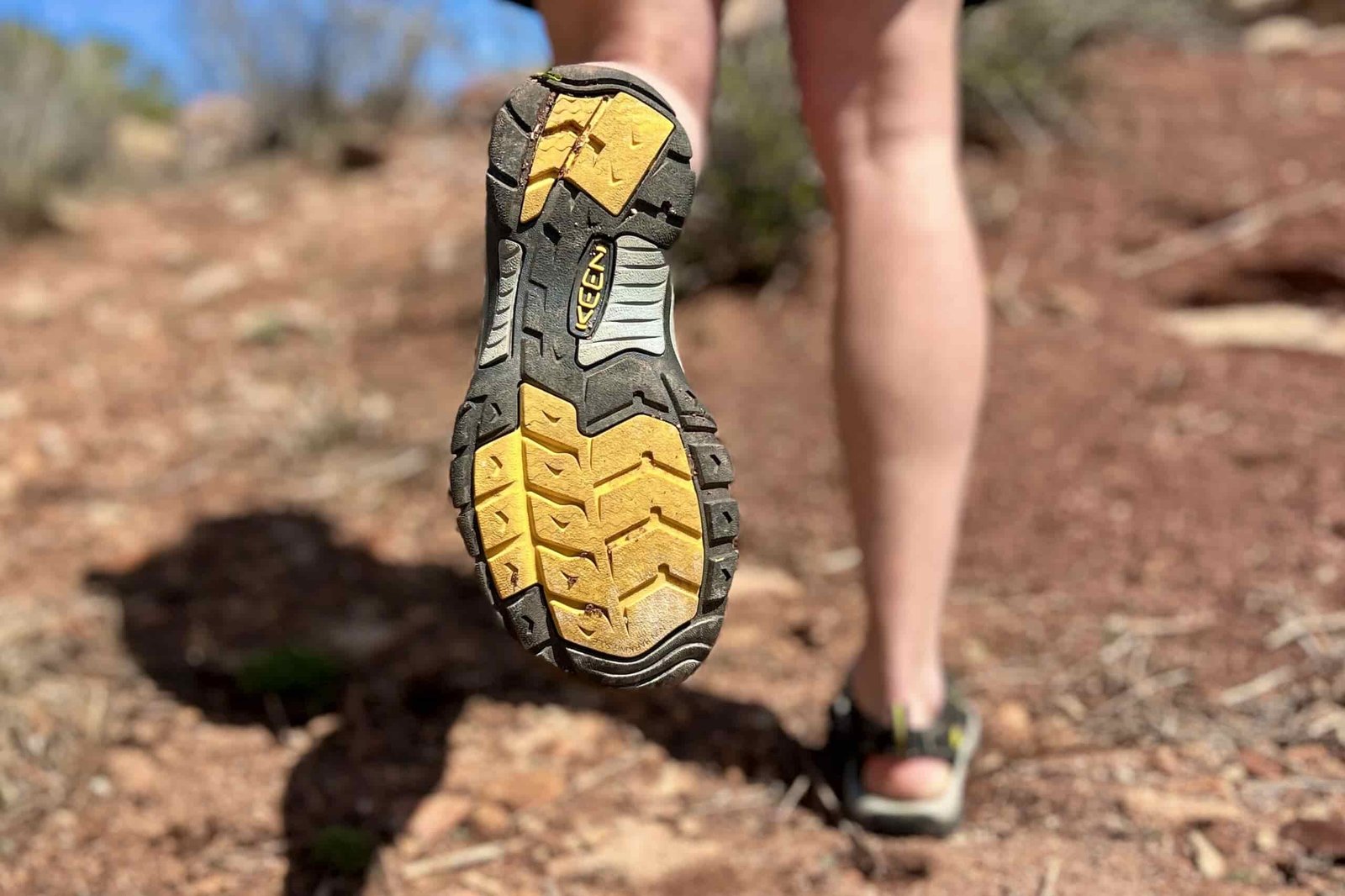 Bottom of a hiking sandal, showing off the tread.