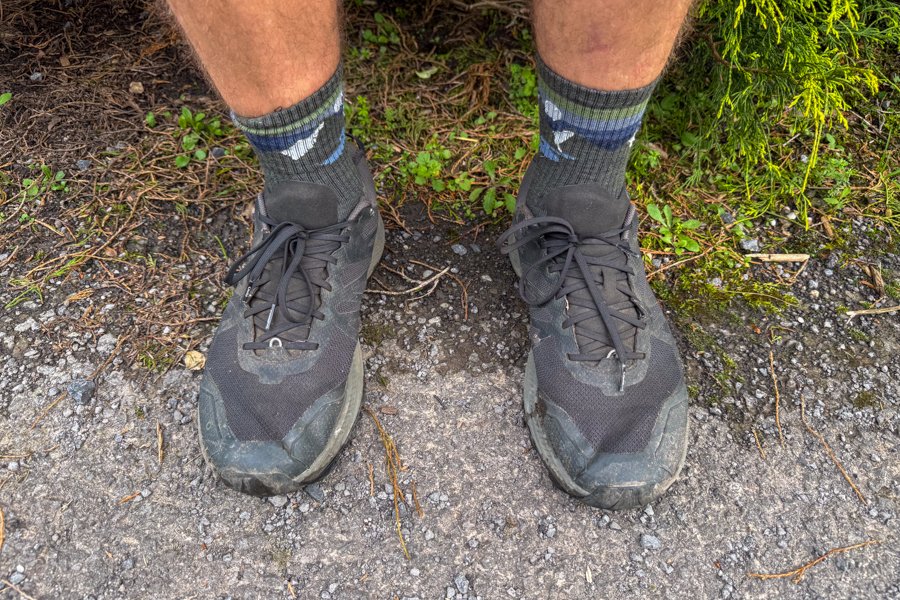 Front view of Oboz Katabatic LT Low Gore-Tex shoes on gravel trail, showing toe box and lacing.