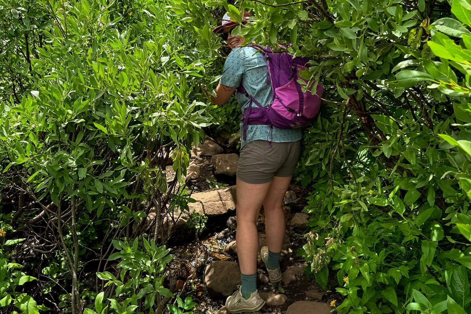 person wearing a purple Deuter Speedlite Pro pack grins as they push through bushes on an overgrown trail.