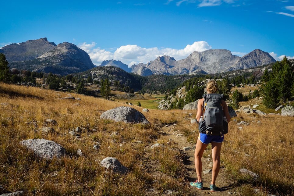 a backpacker looking out at a large grassy alpine meadow on the cirque of the towers backpacking loop