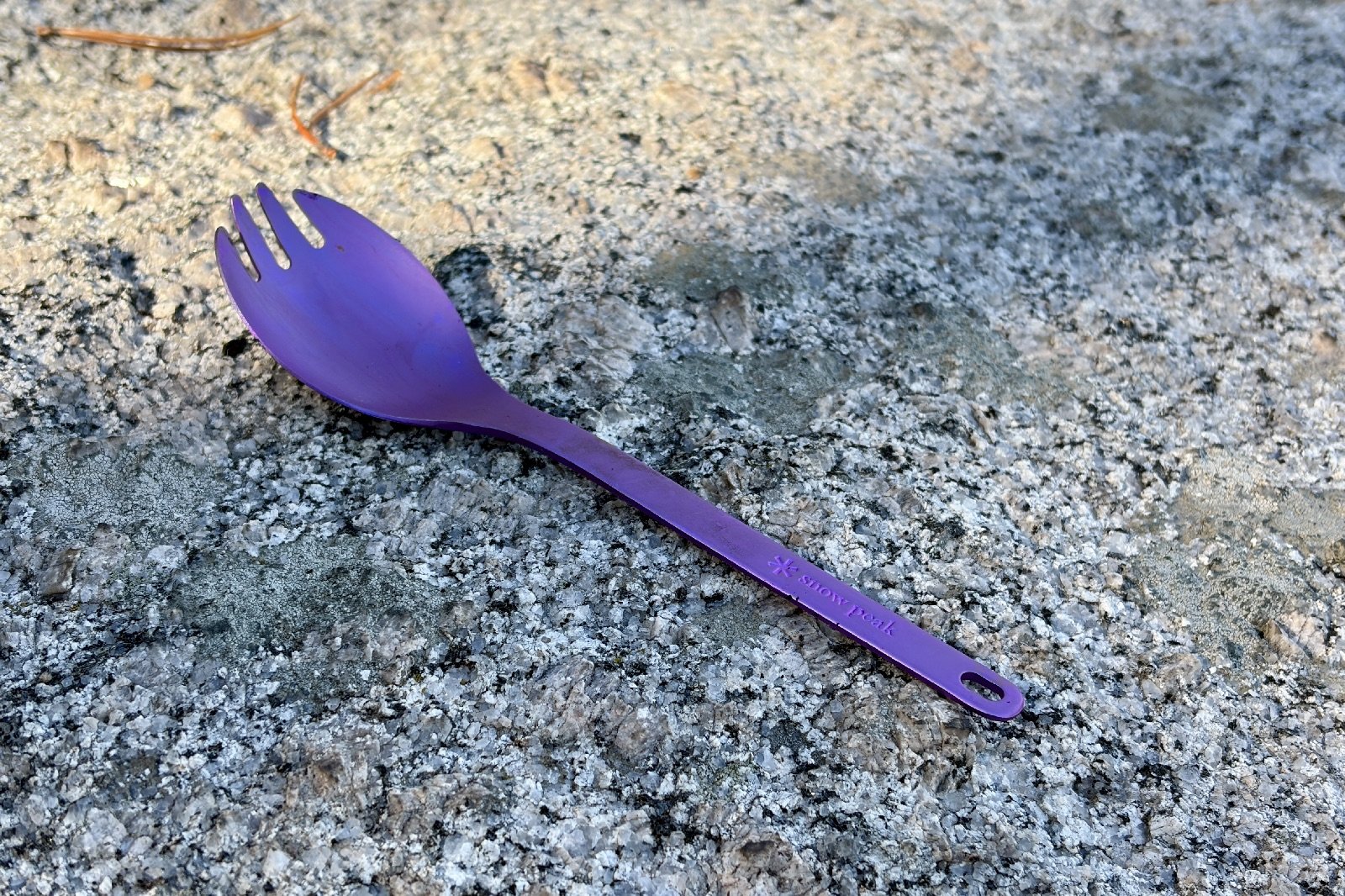 A purple spork lays on a rock