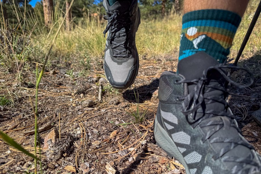 Close-up of lightweight hiking boots in motion on a pine needle-strewn trail, featuring breathable mesh uppers and colorful hiking socks.