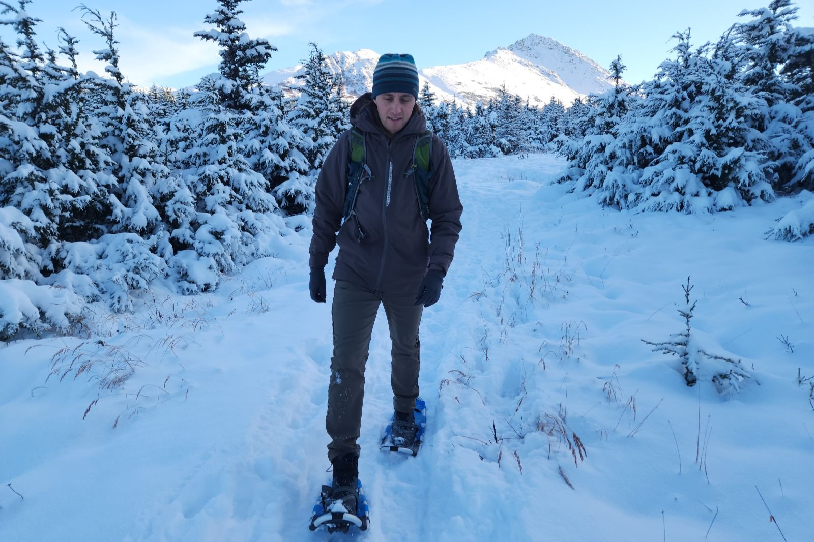 A man snowshoes through a winter landscape with mountains in the background.