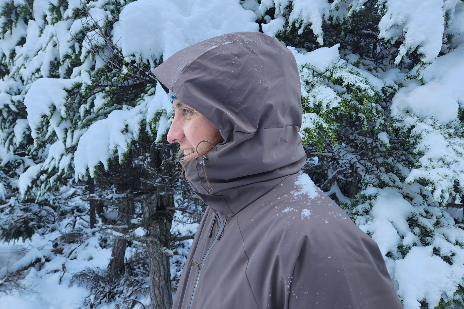 A side view of a snowy good on a jacket.