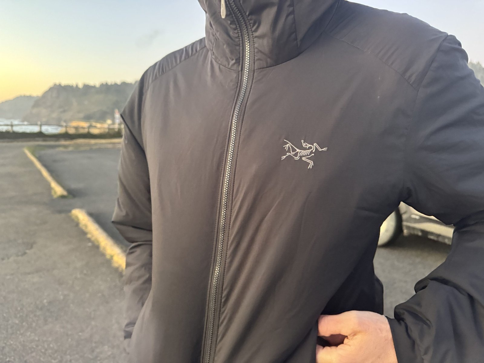 close up of the chest on the arc'teryx atom hoody